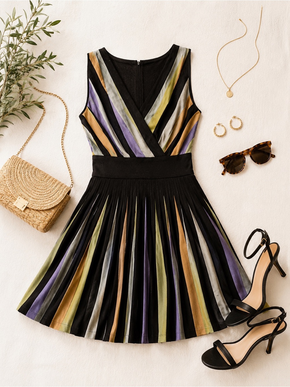 Nordstrom Kay Unger Striped Fit & Flare Dress | Retro Pleated Knee-Length V-Neck
